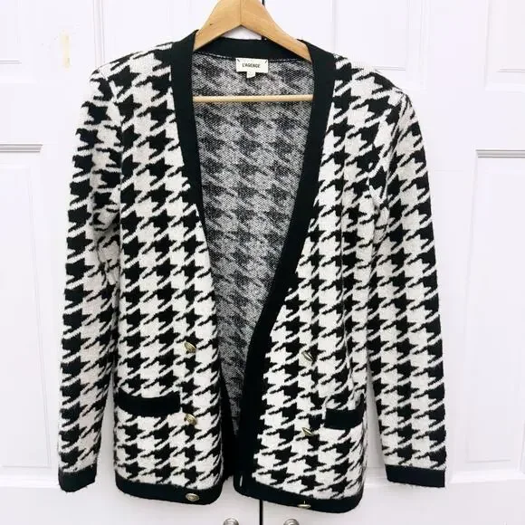 L'AGENCE Maddy Houndstooth Double Breasted Cardigan